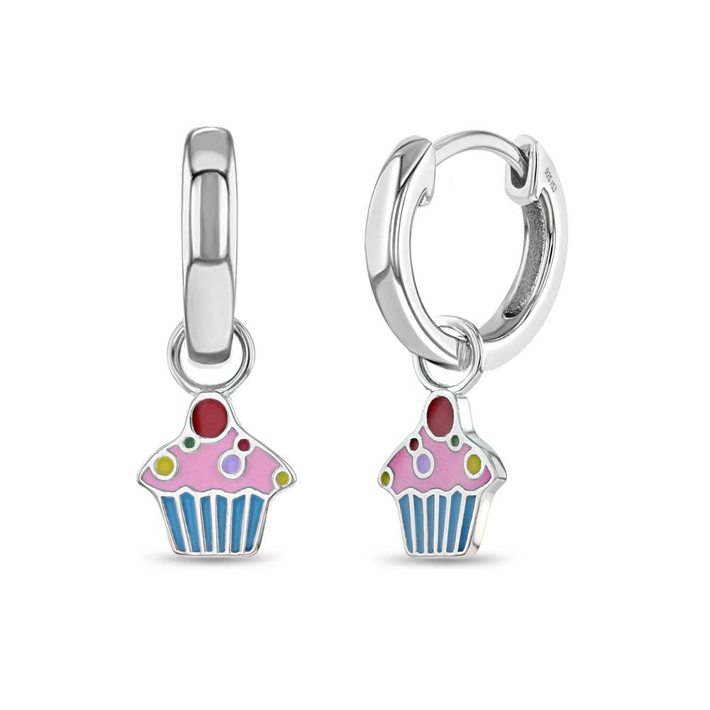In Season Jewelry – wholesale Earrings – Kids – Cupcake Dangle 9mm Girls Earrings Hoop - Sterling Silver