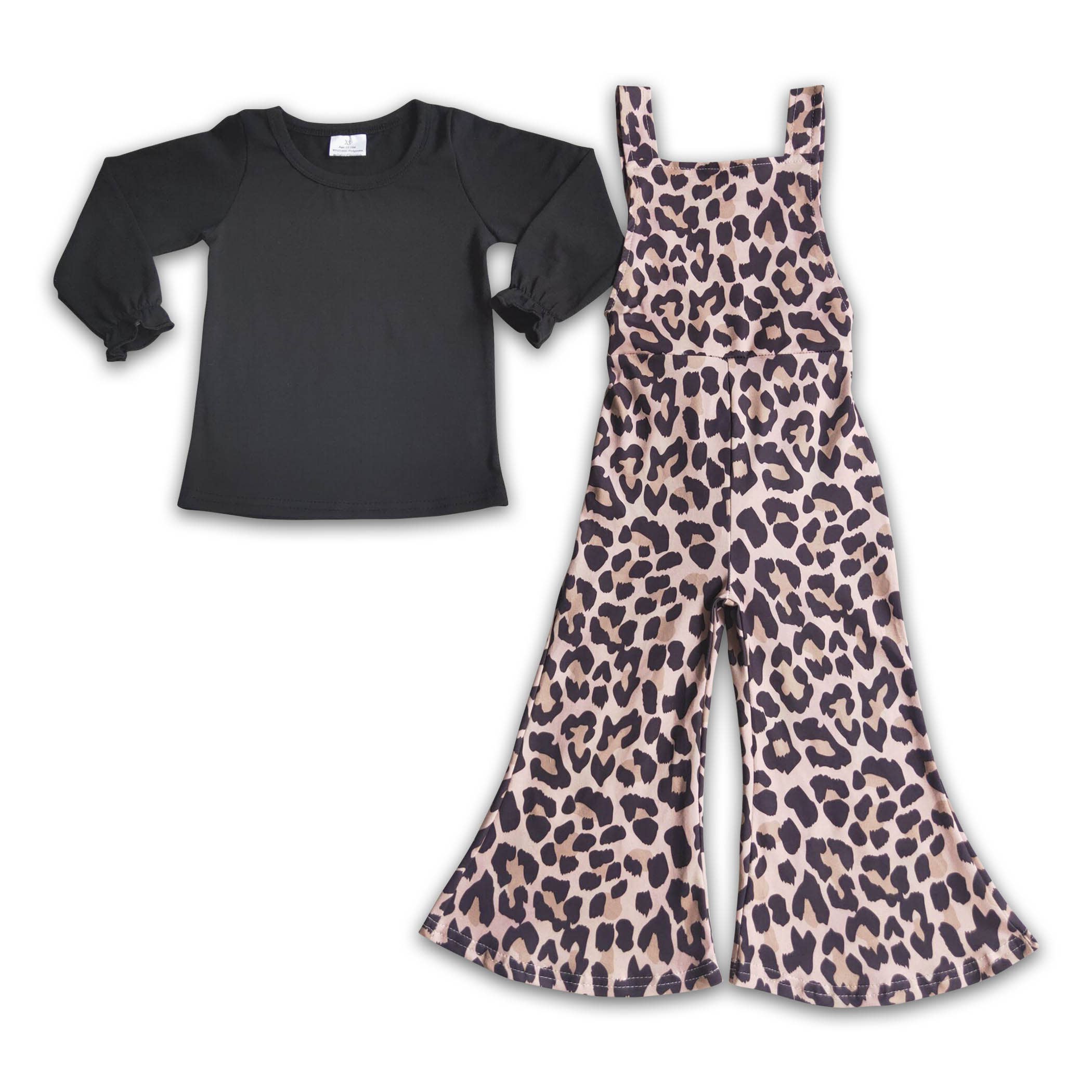 Yawoo Garments - Wholesale Top & Pant Set - Kids - Black cotton shirt leopard print overalls girls clothing2
