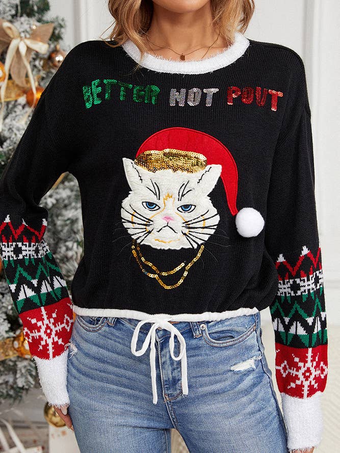 Negro Suéter de punto con bordado de gato navideño YHZY155 de venta al por mayor en Faire