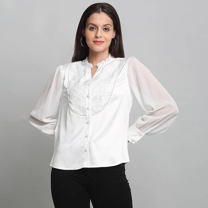 White Band Collar Solid Party Shirts For Women for wholesale by Benares