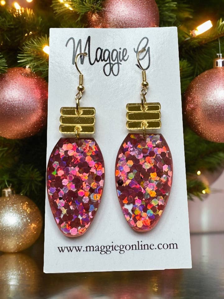 Christmas Bulb Earring Pink Hex Glitter for wholesale by Maggie G