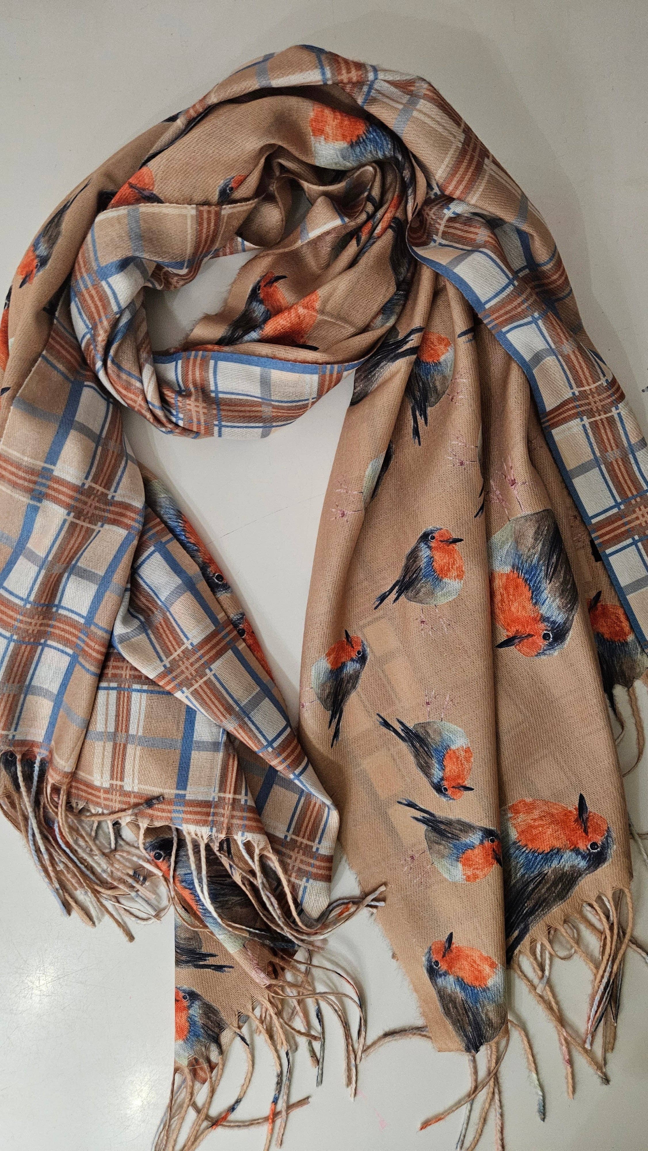 Shimena - Wholesale Scarf - Women's - Double-Sided Robin & Tartan Pashmina4