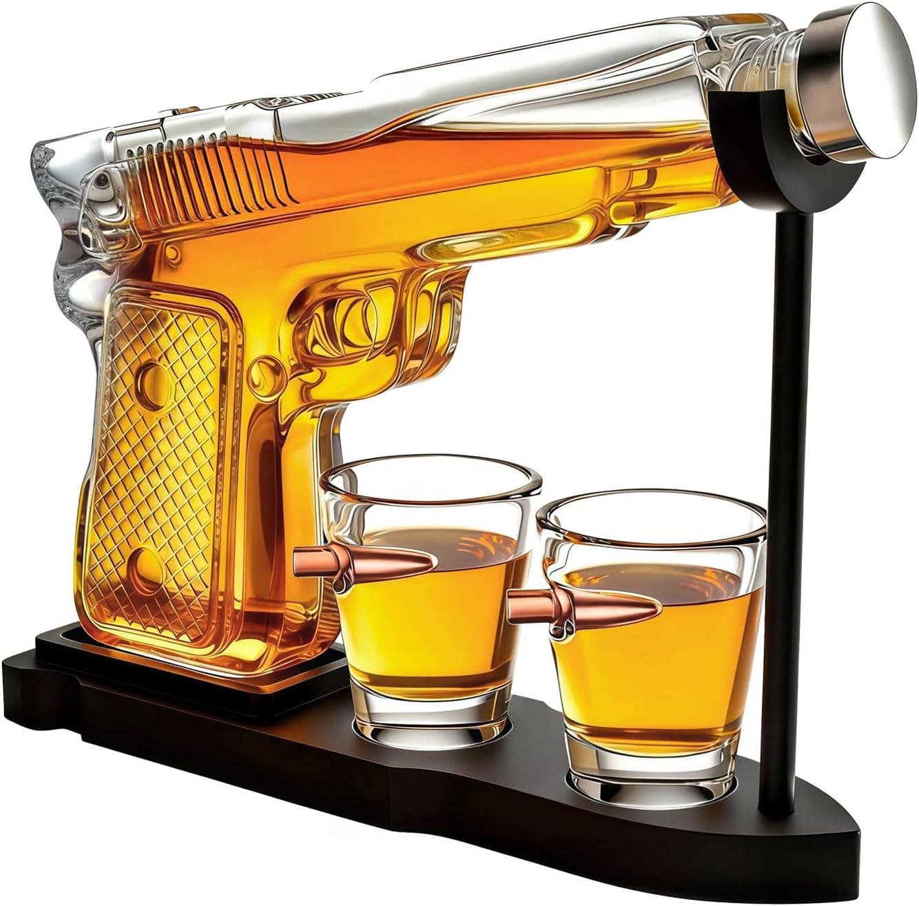 The Wine Savant / Khen Glassware - Wholesale Decanter - Pistol Gun Decanter Set + 2 Bullet shot Glasses & Wood Stand