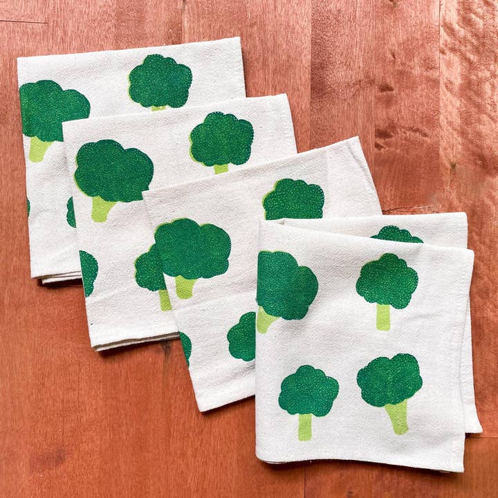 Broccoli Hand Printed Cotton Napkins, Set of 4 for wholesale by Bright Beige
