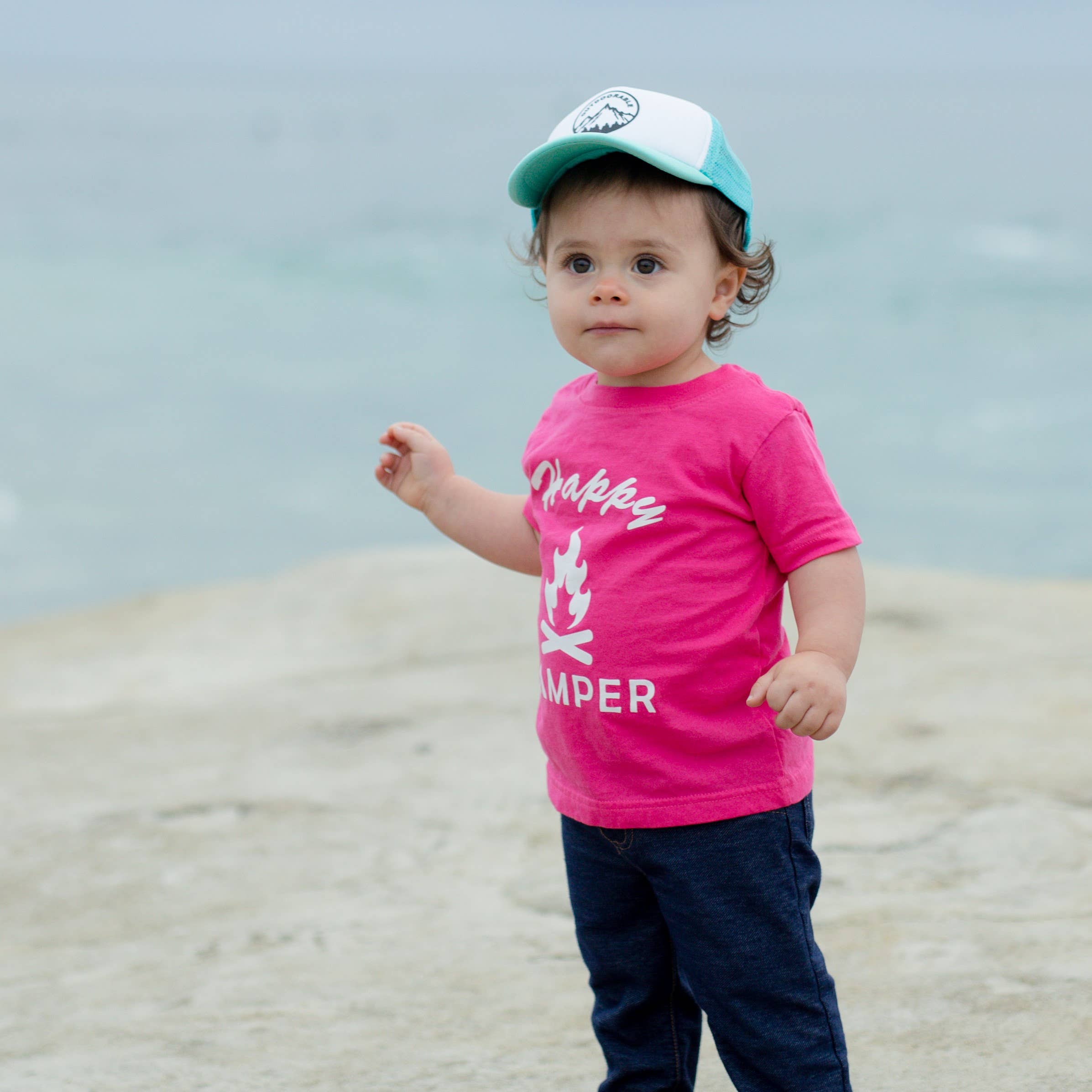 Outdoorable Apparel - Wholesale Screen Printed T-Shirt - Kids - Pink with White Happy Camper Toddler Shirt3