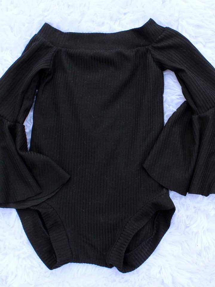 Anna Black Off The Shoulder Bell Sleeve Leotard for wholesale by Sew Southern Kids Couture