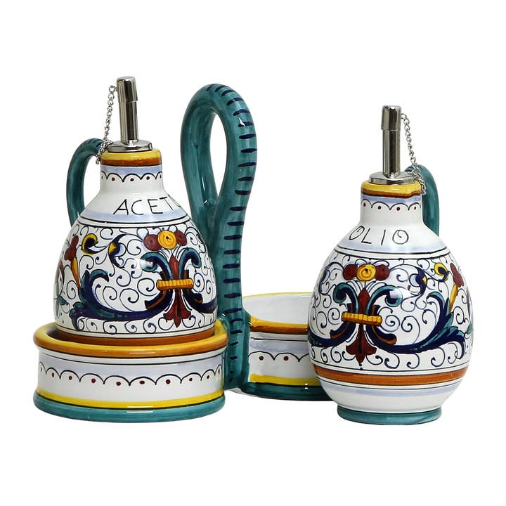 Artistica - Deruta of Italy – wholesale Oil/vinegar dispenser – Ricco Deruta Deluxe: Oil and Vinegar Cruets Set with Caddy1