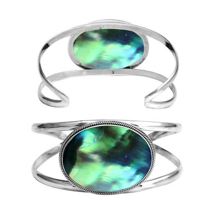 SB-1701-AB Sterling Silver Abalone Shell Artisan Cuff Bracelet With Oval Oceanic Centerpiece And Curved Band Design | Wholesale Collection for wholesale by Bali Designs