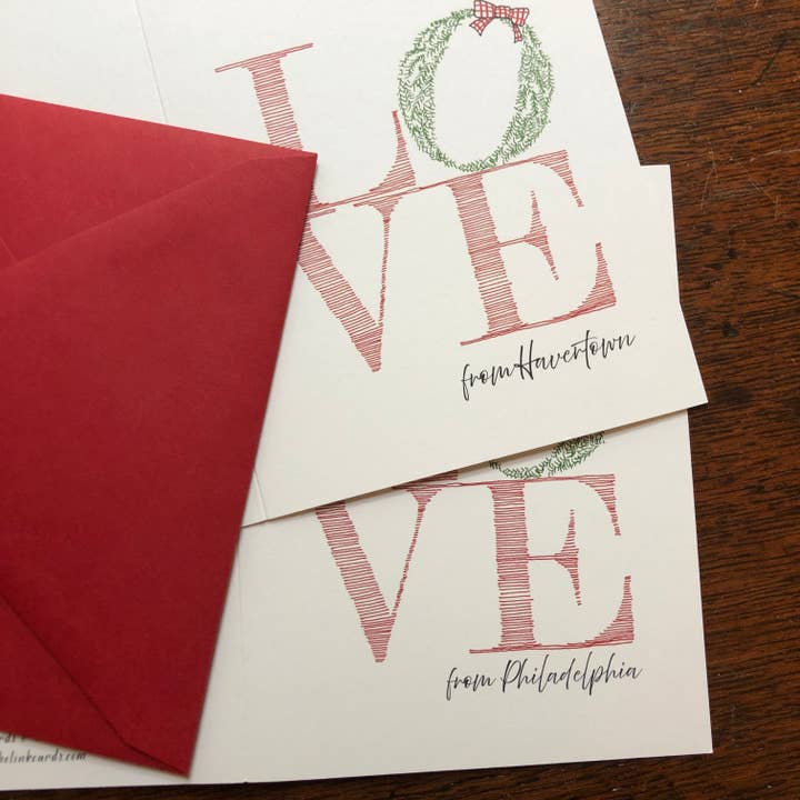 customizable LOVE Holiday Card with your town/shop location for wholesale by Rachelink Cards & Illustrations