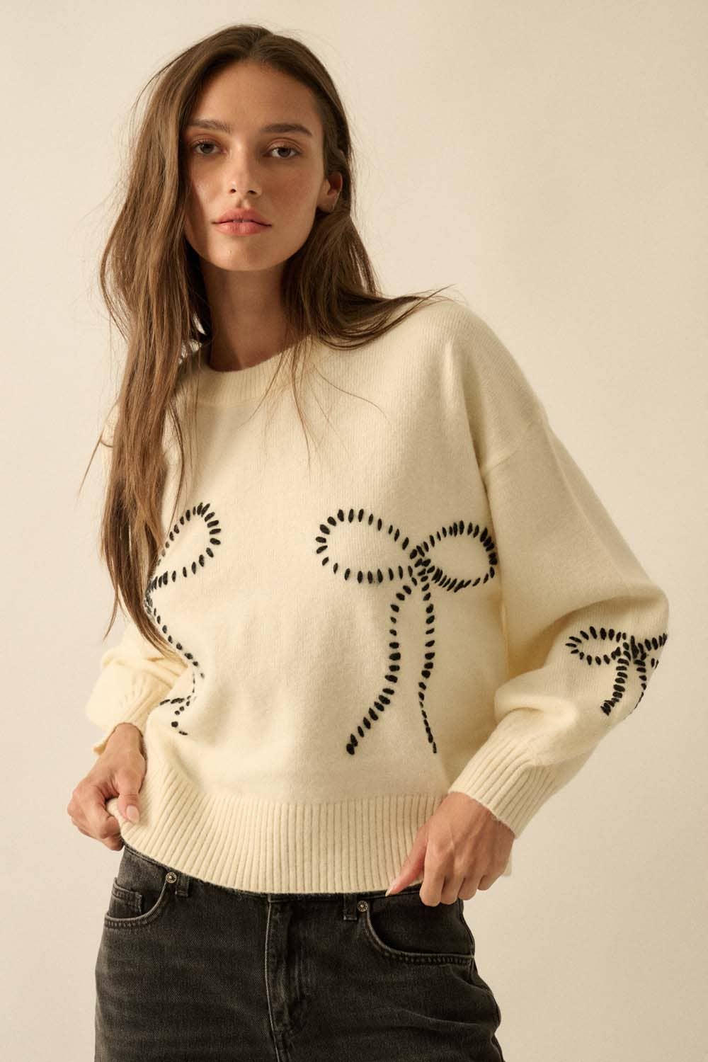Promesa USA - Wholesale Knit Sweater - Women's - Solid Bow-Embroidered Bubble-Sleeve Sweater3