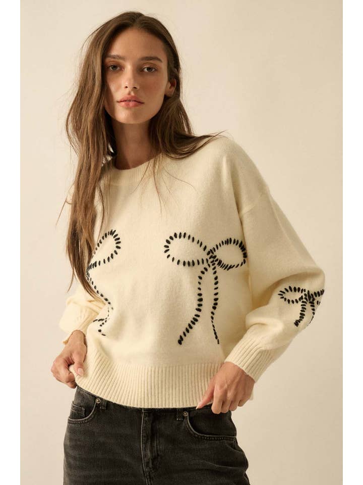 Promesa USA - Wholesale Knit Sweater - Women's - Solid Bow-Embroidered Bubble-Sleeve Sweater3