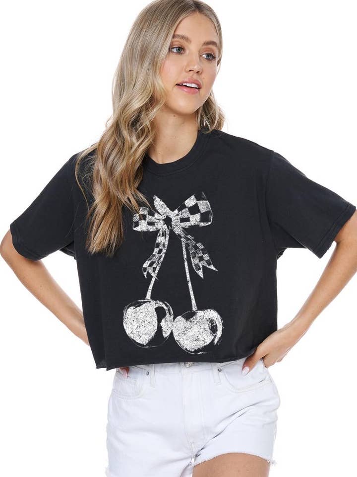 Checkered Bow Cherry Vintage Graphic S/S Faux Cropped Tee for wholesale by Zutter