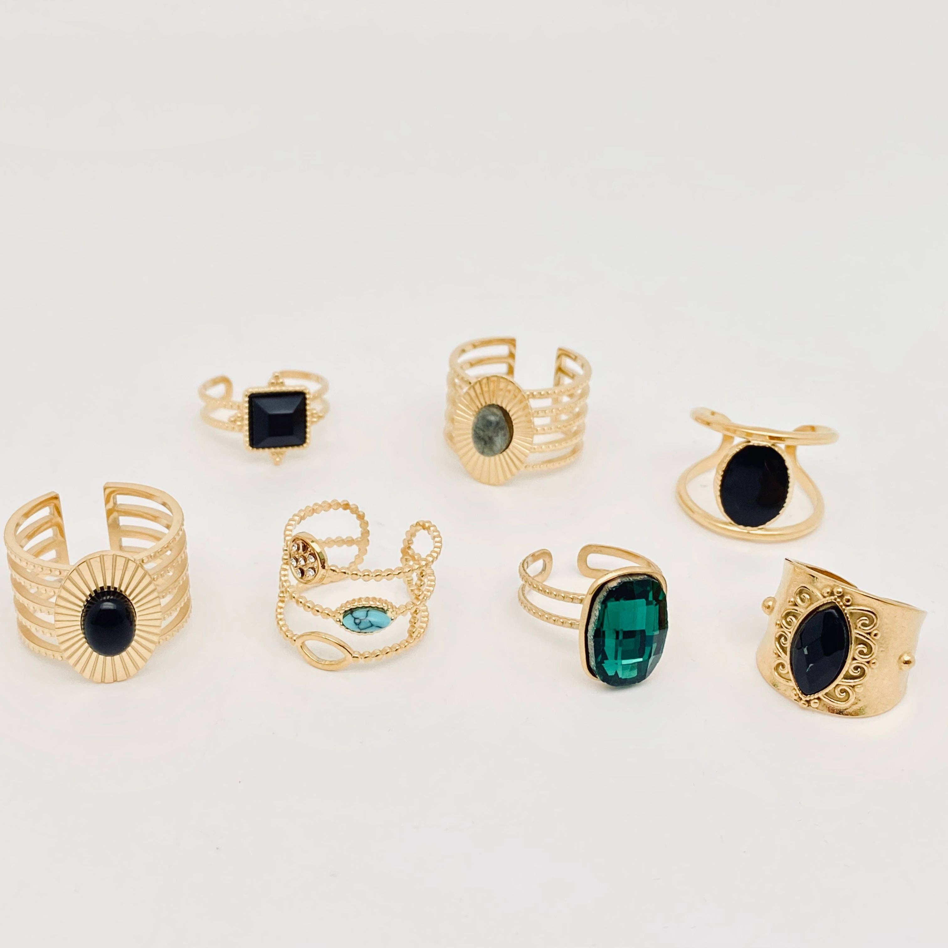 Mio Queena – Anel de cocktail/declaração por atacado – Anel Vintage Ajustável com Pedra Natural e Aço Inoxidável - FGS/CS3