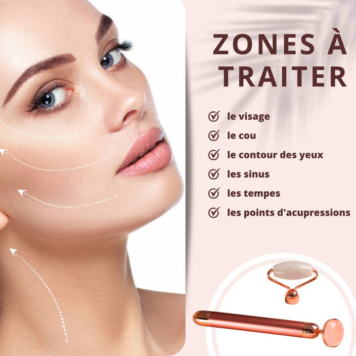 Zen'Arôme - Vente Rouleau beauté/visage - Roller Masseur visage électrique Quartz Rose double tête4
