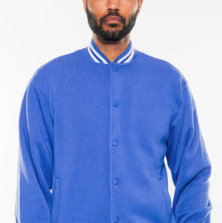 Mens Fleece Snap Button Varsity Jacket for wholesale by CC Wholesale Clothing