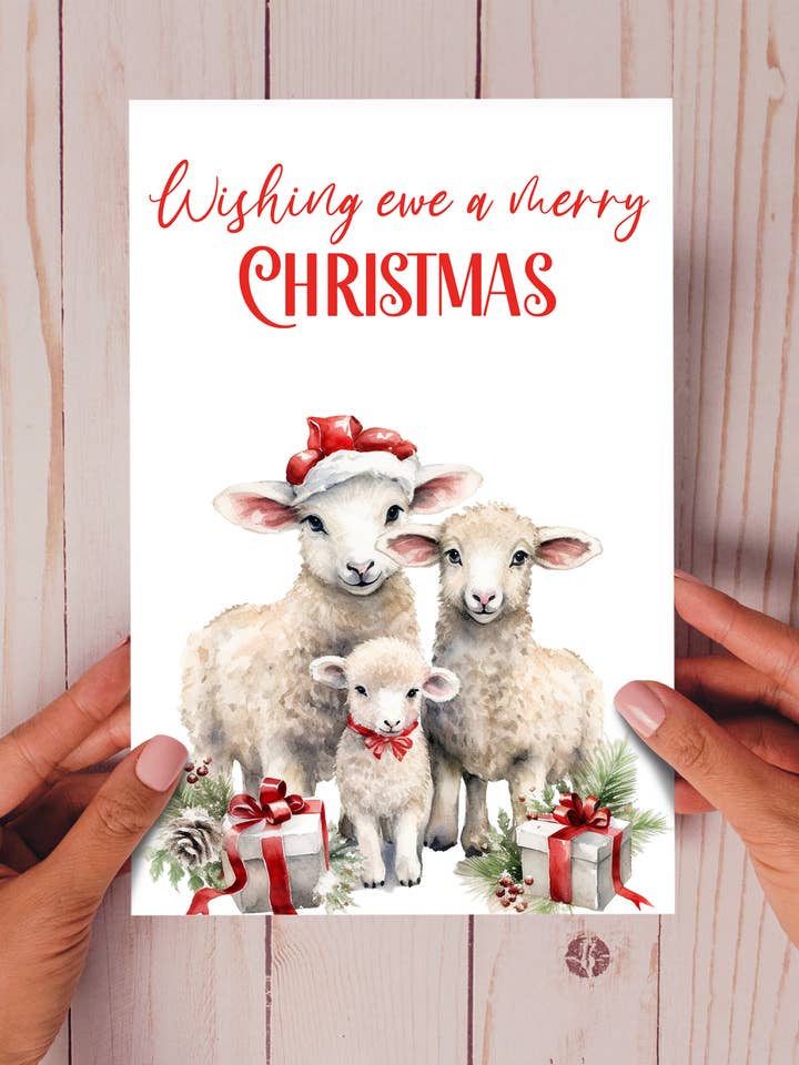 Wishing Ewe a Merry Christmas — lustige Weihnachtskarte mit Tiermotiv für den Großhandel von Homemade Hollydays Wholesale