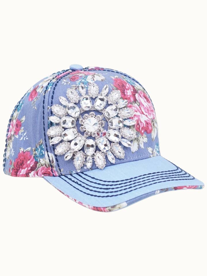 Sunflower Bejeweled Glitz Denim Floral Cap, Adjustable for wholesale by Olive & Pique