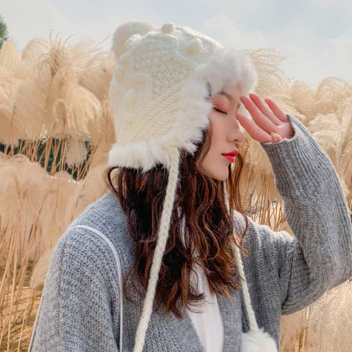 Novo, Chapéu Traper Pele Coelho Com Pompom, Forrado a Quente. por atacado de FanakoStudioNYC