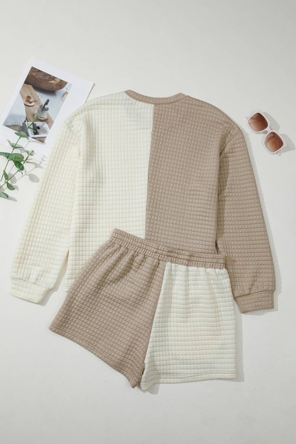 Beige Colorblock Patchwork Textured Long Sleeve Top 2pcs Short Set for wholesale on Faire3