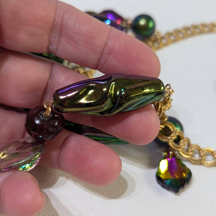 Gay Isber Designs - Wholesale Bib Necklace - Unique Vintage-Inspired Bib Purple Green Necklace with 1970s Austrian AB Acrylic Beads and Swarovski Crystals - One-of-a-Kind Design by Sugar Gay Isber5