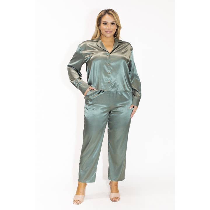 PLUS SIZE SATIN COLLARED BLOUSE AND PANTS MATCHING SET for wholesale by Curve Market