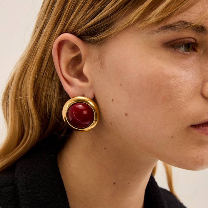 NALI' - Wholesale Dangle Earrings - ROUND OVER EARRINGS GOLD/RED - N640