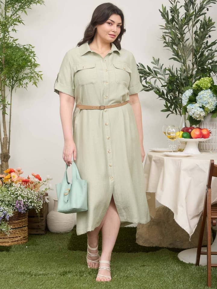 PLUS LINEN COLLARED TAB SLEEVE BELTED MIDI DRESS for wholesale by MINE