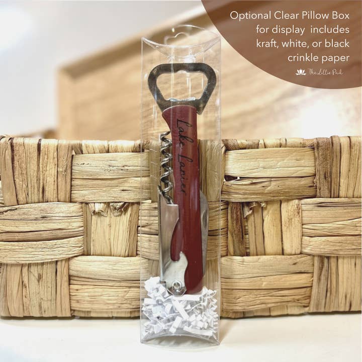 The Lillie Pad - Wholesale Bottle/Wine Opener - Custom Lake Name Wine Bottle Opener -Leatherette, Wood, Cork