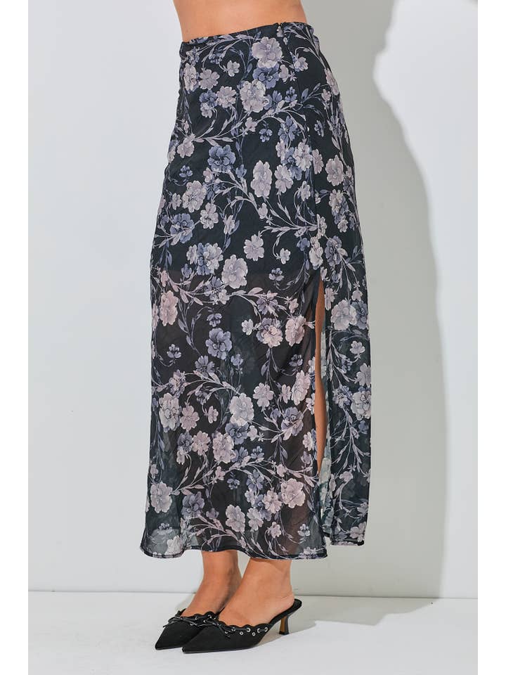 Baevely by Wellmade USA – Engroshandel Nederdel - Dame – SATIN MAXI NEDERDEL MED BLOMSTERPRINT