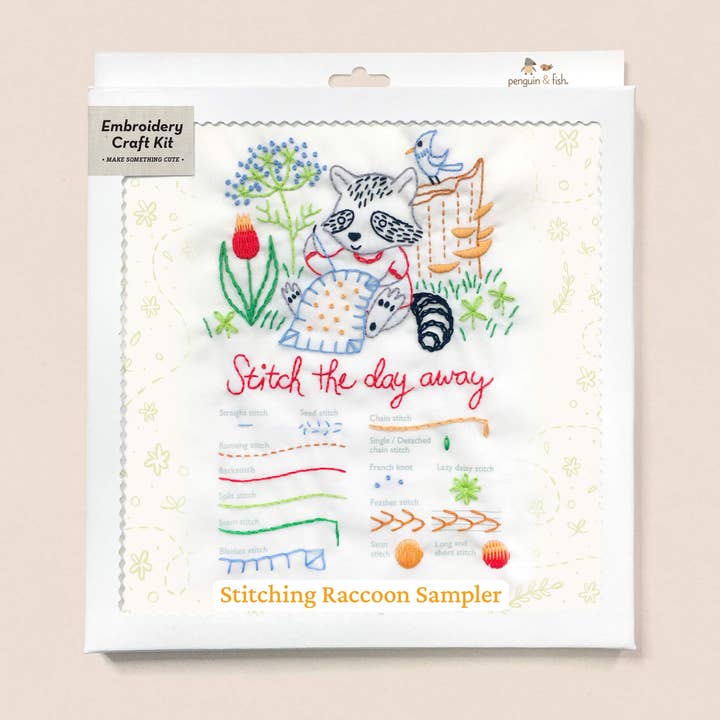 Stitching Raccoon Sampler embroidery kit for wholesale by Penguin & Fish