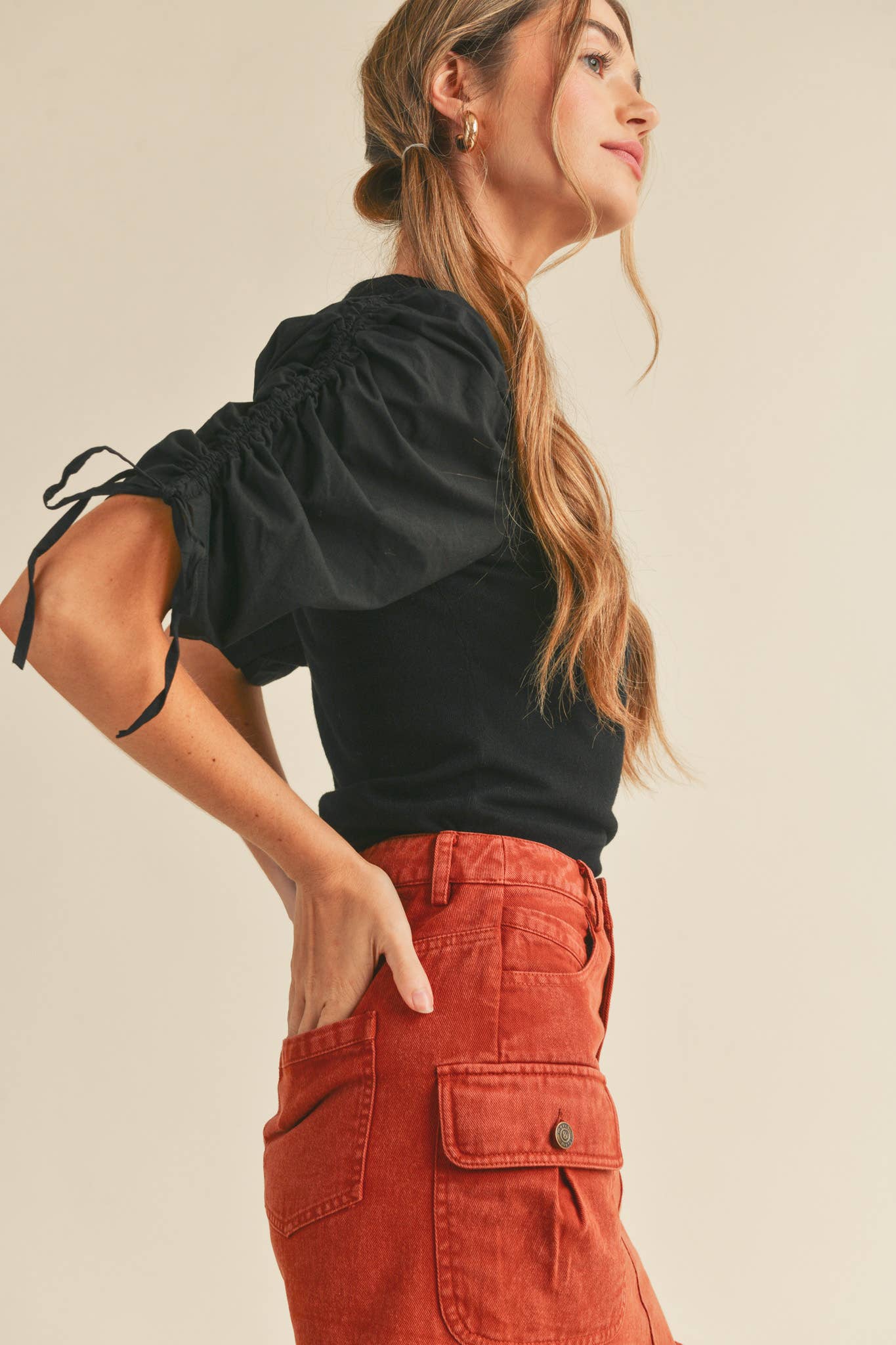 &MERCI - Wholesale Knit Top - Women's - RUCHED SLEEVE MIXED MEDIA TOP MSW246416