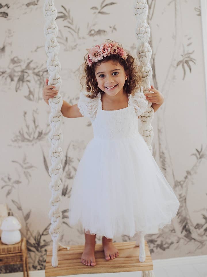 A Little Lacey - Wholesale Dress - Kids - Callista Puff Sleeve White Dress