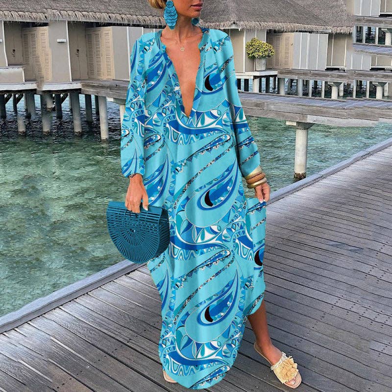 SALINA TRADING INC - Wholesale Dress - Women's - Women Bohemian Elegant Vintage Long Sleeve Button Loose Big V Neck Dress14