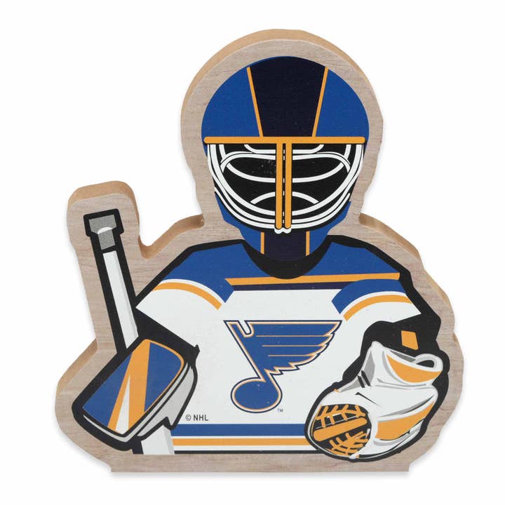 NHL St. Louis Blues Goalie Tabletop Wood Decor for wholesale by Open Road Brands, LLC