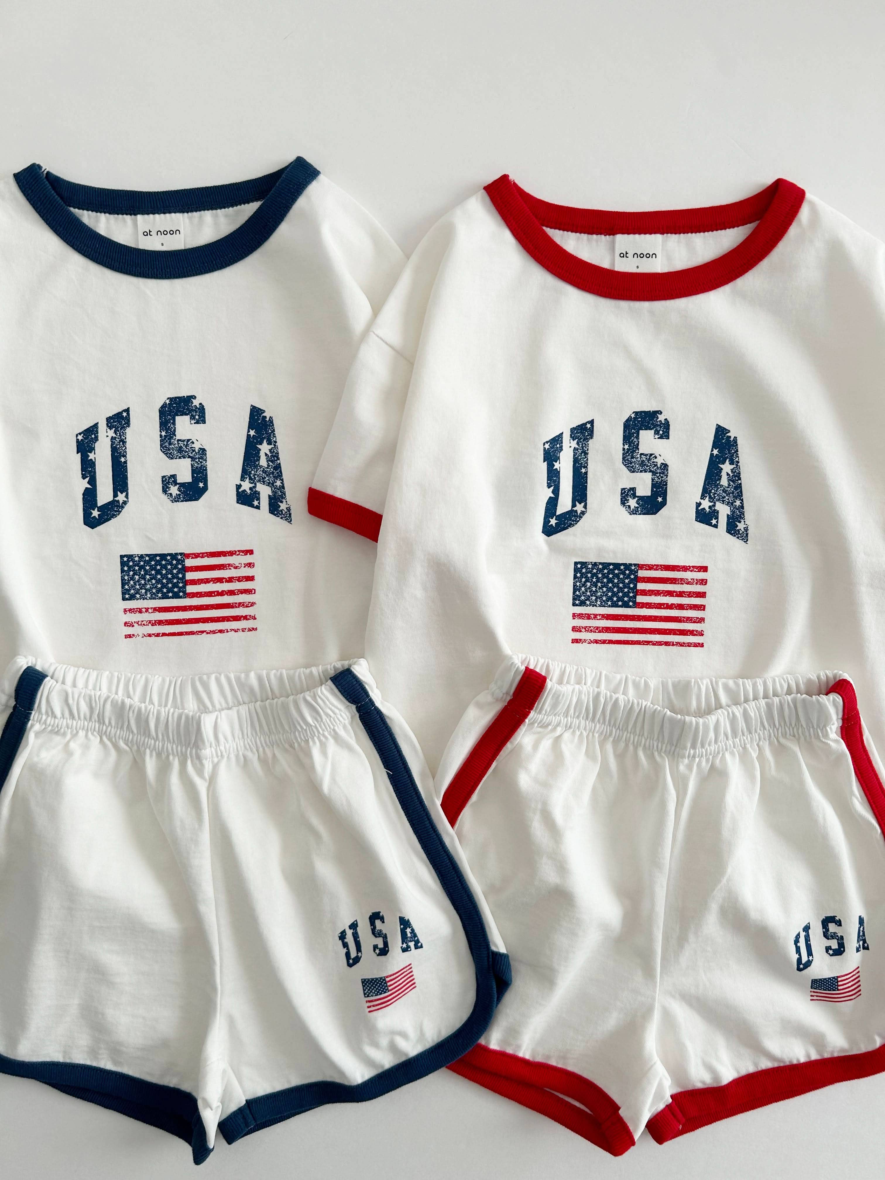 At Noon - Wholesale Top en short set - Kinderen - [At Noon Original Design] Kinderen Vintage Print USA Ringer T-shirt en Shorts Set (8m-7j) - 3 Kleuren3