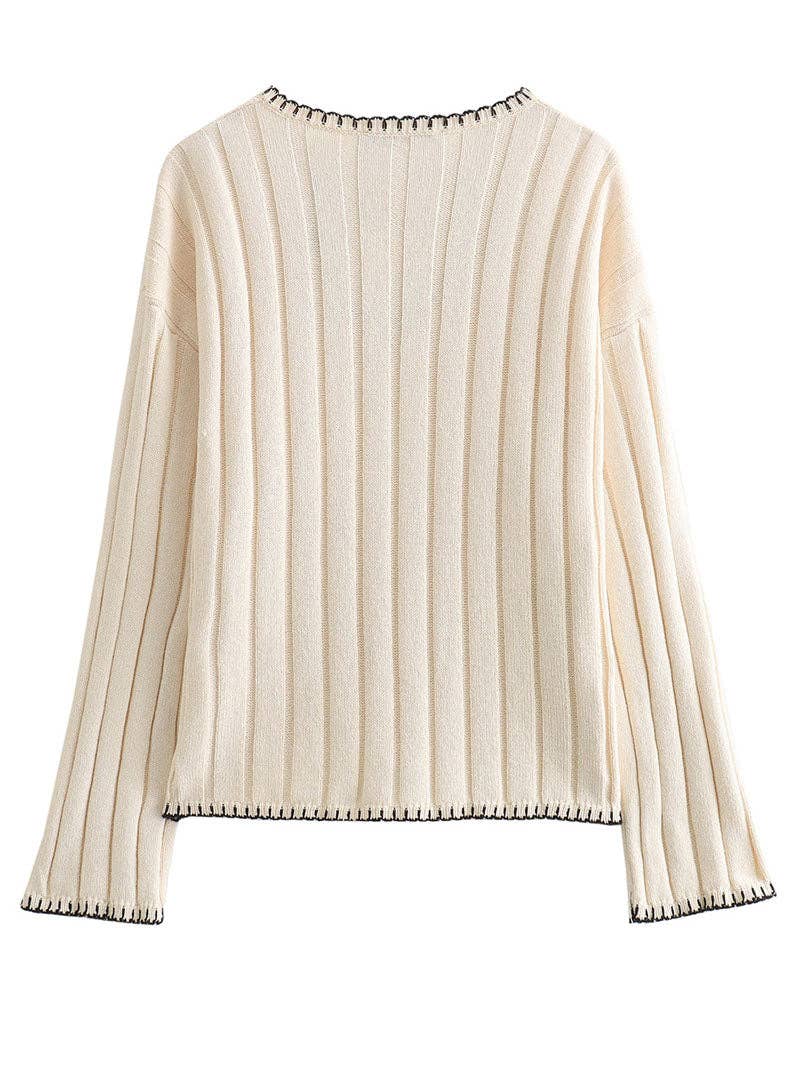 BEIGE V-Neck Ribbed Knit Sweater for wholesale on Faire4
