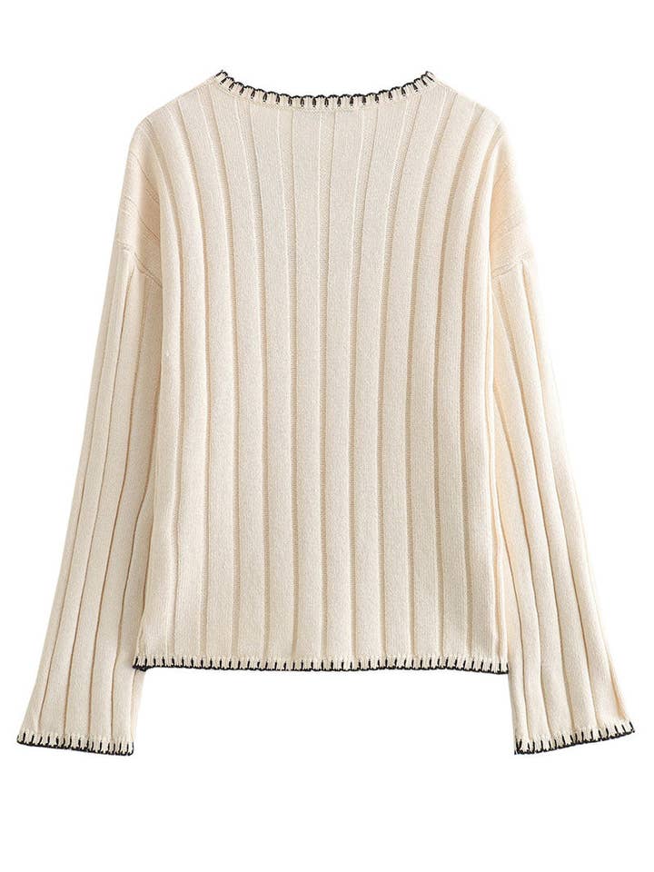 BEIGE V-Neck Ribbed Knit Sweater for wholesale on Faire4