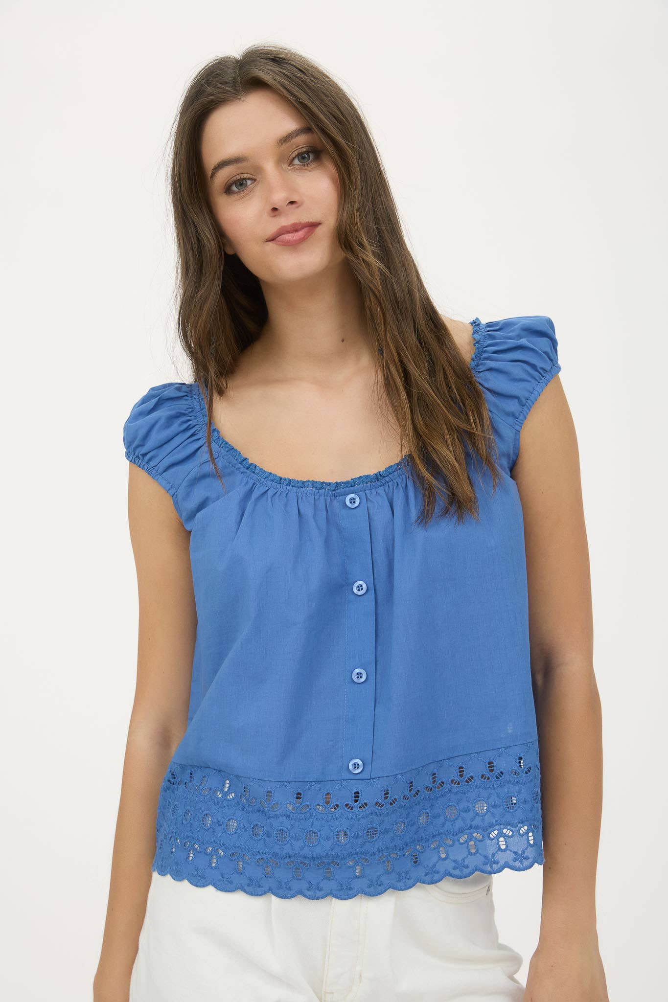Blu Pepper - Wholesale Blouse - Women's - EYELET LACE TRIM SHORT SLEEVE BUTTON DOWN BLOUSE