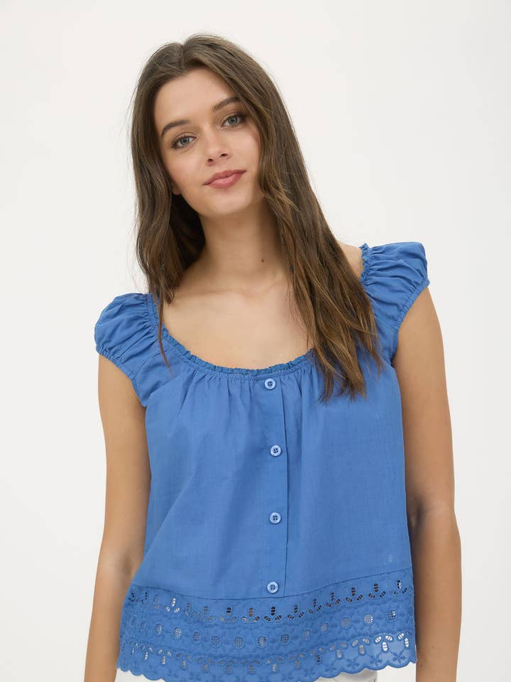 EYELET LACE TRIM SHORT SLEEVE BUTTON DOWN BLOUSE for wholesale by Blu Pepper