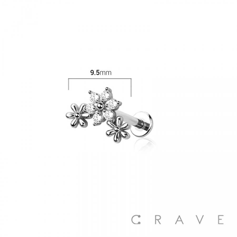 CRAVE - Wholesale Single Earring - MULTI CZ TRIPLE FLOWER TOP THREADLESS (PUSH IN)1