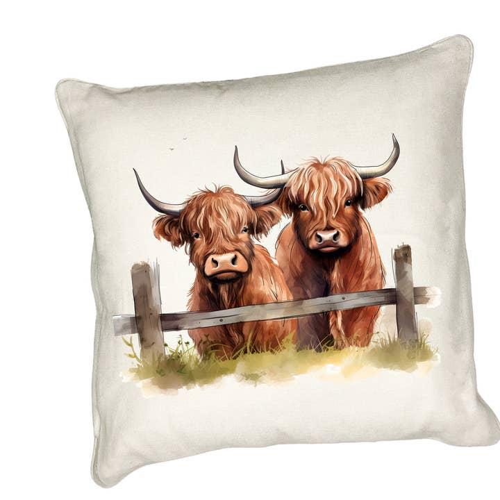Highland Cow Cushion Watercolour & Tartan Scarves Design #2 for wholesale by Noble & Page