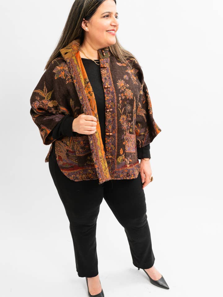 700 Handmade Merino Reversible Kimono Jacket Copper Bird for wholesale by In Style Scarves