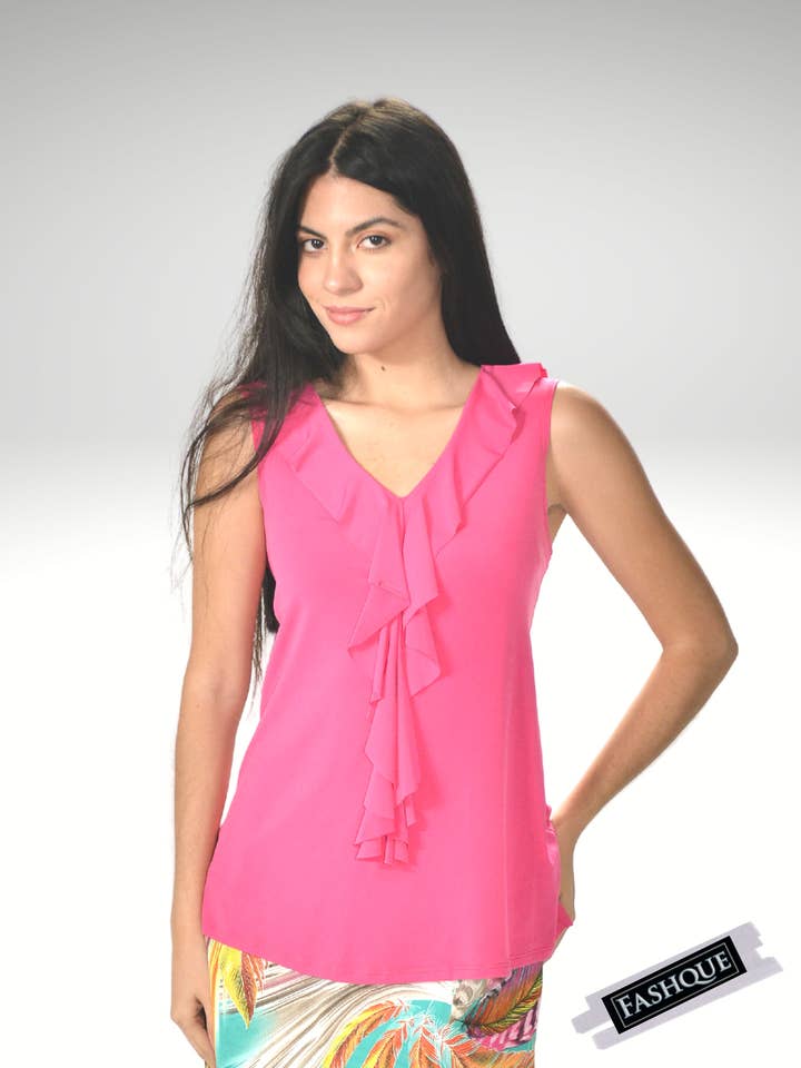 Top senza maniche con volant frontale con scollo a V - T033 per la vendita all'ingrosso da parte di Fashque Designs