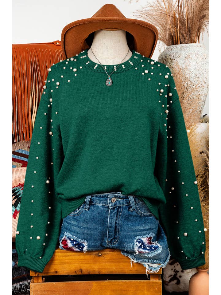 fashionworks - Wholesale Knit Sweater - Women's - Fashion-W Pearled Drop Shoulder Round Neck Sweater