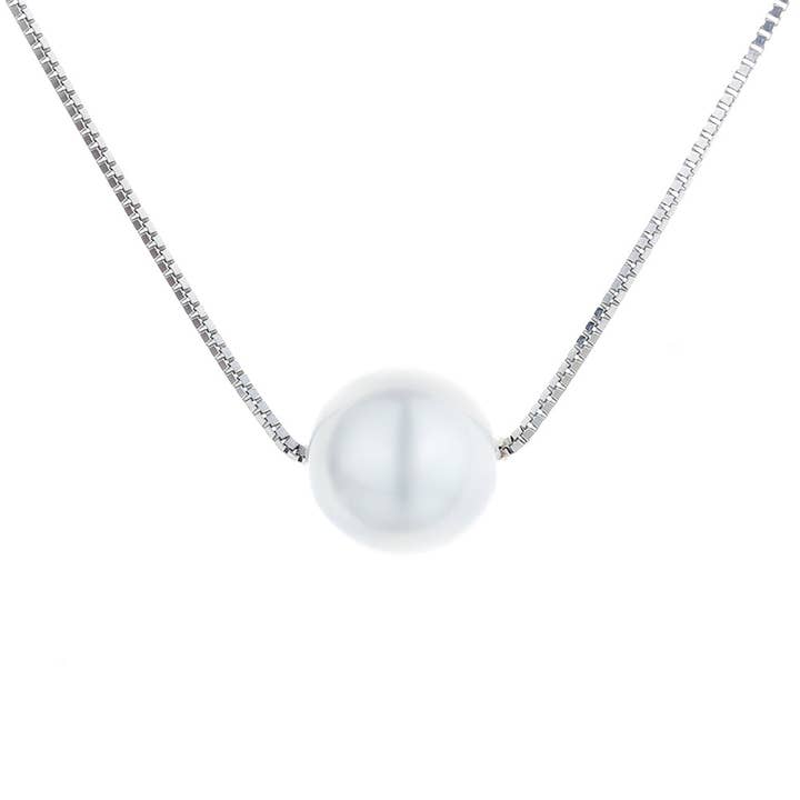 18K White Gold Faux Pearl Box Chain Pendant necklace for wholesale by Amy and Annette