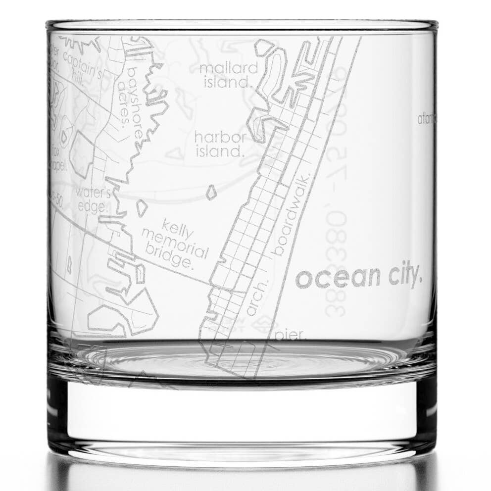 Well Told - Wholesale Drinking Glass/Cup - Ocean City, MD City Map - Etched Whiskey Rocks Glass0