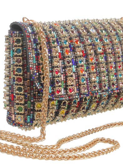 STUDDED FLAP OVER RING CHIAN EVENING BAG for wholesale by Bessie London