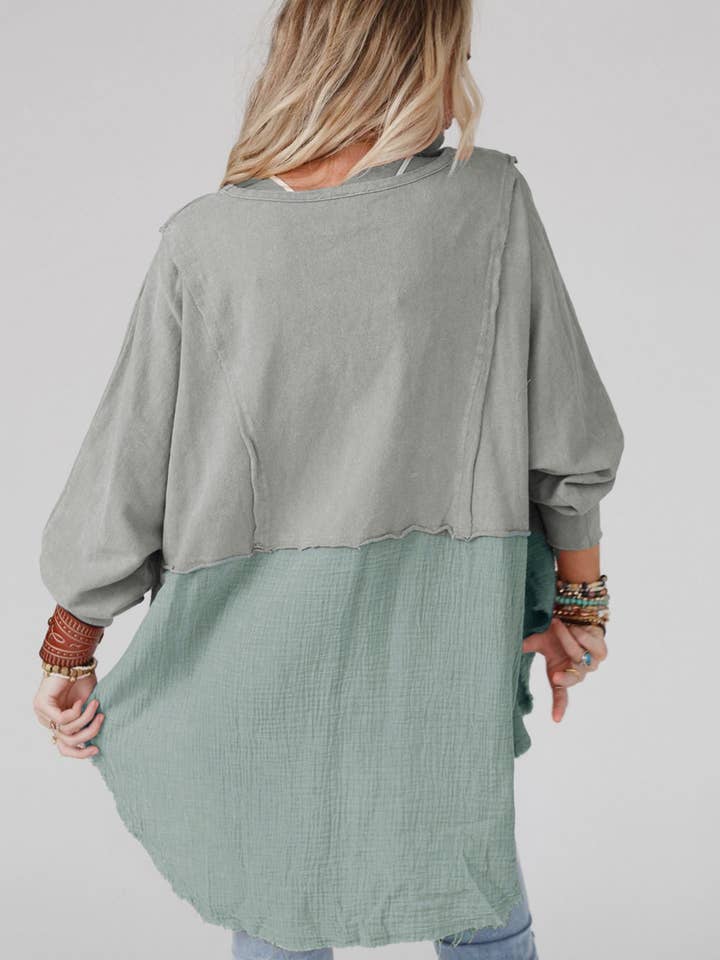 Lovesoft - Wholesale Tunic - Women's - Crinkle Splicing Raw Hem High Low Oversized Blouse9