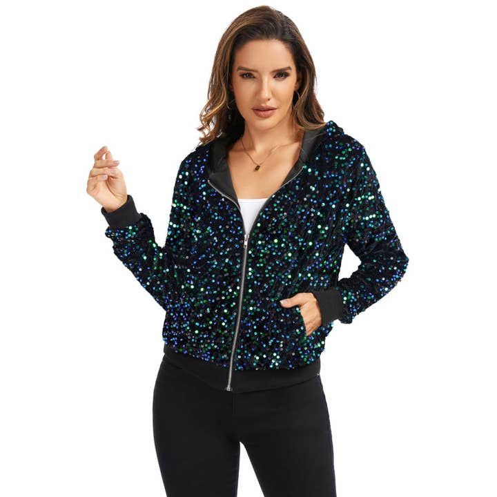 Anna Kaci Wholesale - Wholesale Jacket - Women's - Hooded Sequin Jacket with Front Zipper Closure and Ribbed Trim26