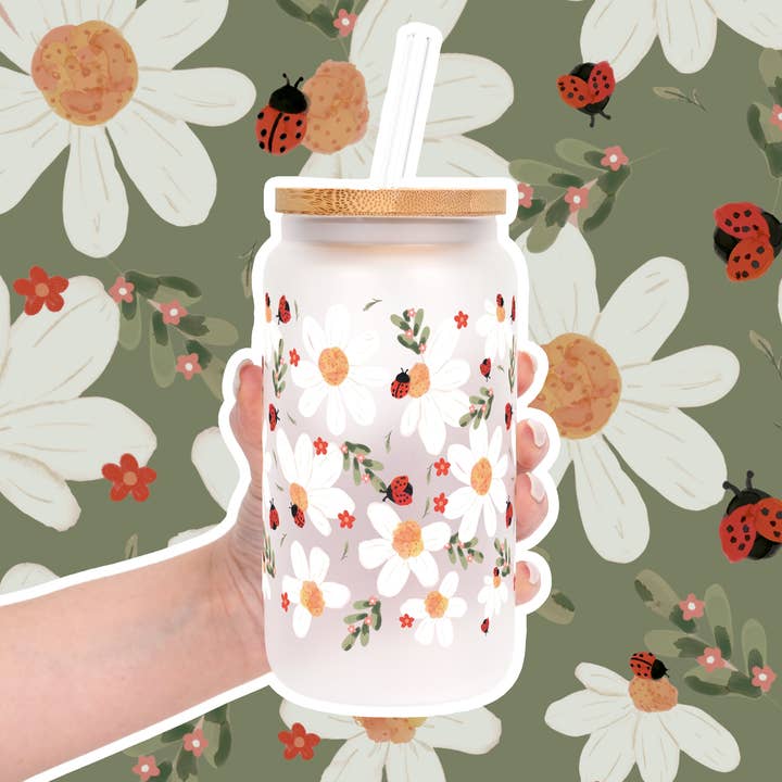 Sip-Sip Hooray! - Wholesale Drinking Glass/Cup - Daisy & Ladybug Cup with Lid and Straw